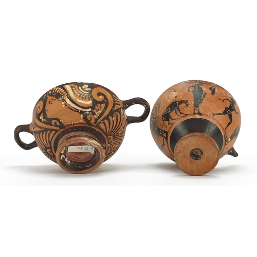 141 - South Italian two handled cup hand painted with a woman's head wearing a necklace and another vessel... 