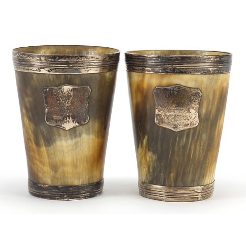 276 - Pair of 19th century Scottish horn beakers with silver mounts, each 12.5cm high