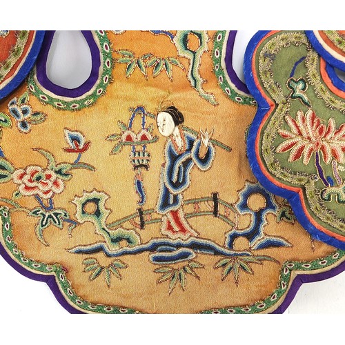 85 - Chinese silk cloud collar embroidered with figure and flowers, 70.5cm wide