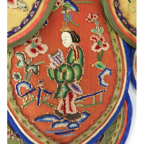 85 - Chinese silk cloud collar embroidered with figure and flowers, 70.5cm wide