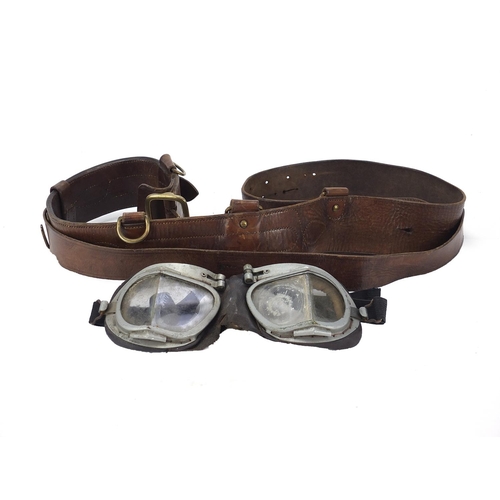 2455 - Military interest brown leather Sam Browne and a pair of motorcycle goggles