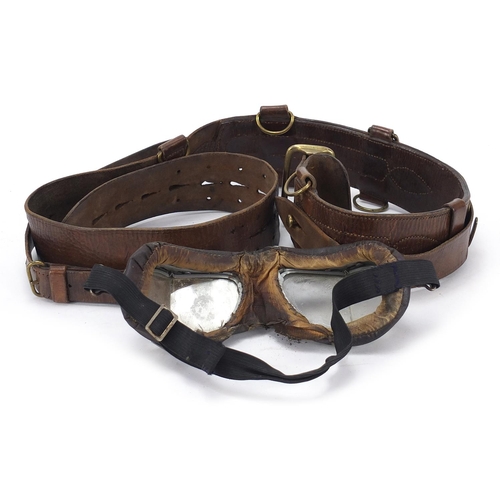 2455 - Military interest brown leather Sam Browne and a pair of motorcycle goggles