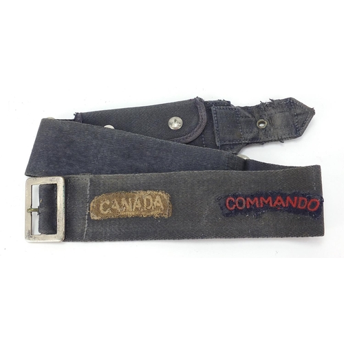 2465 - Military interest belt with Royal Marines, Commando and Canada cloth patches, 75.5cm in length