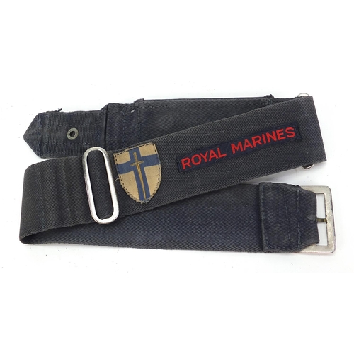 2465 - Military interest belt with Royal Marines, Commando and Canada cloth patches, 75.5cm in length
