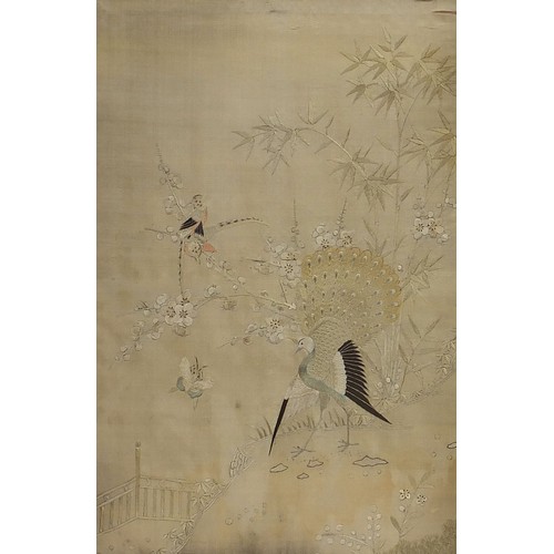 80 - Chinese hardwood screen with silk panel embroidered with birds of paradise amongst flowers, 71.5cm h... 