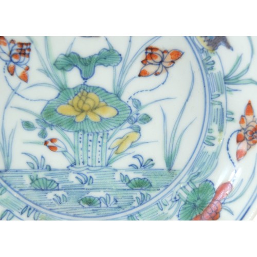 5 - Chinese porcelain doucai dish hand painted with ducks amongst aquatic life, six figure character mar... 