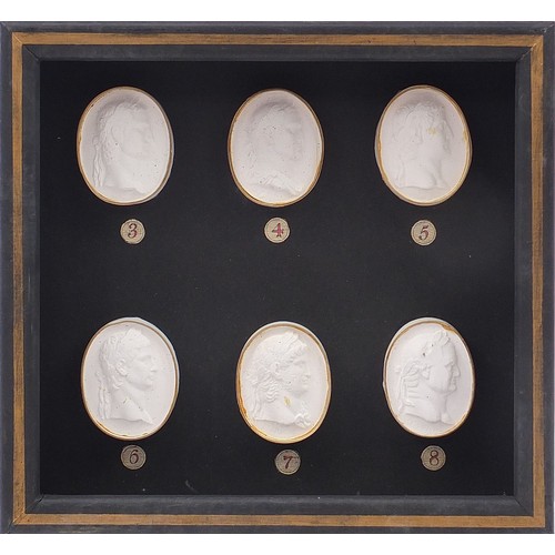 258 - Framed display of six Grand Tour style plaster cameos, overall 24.5cm x 23cm