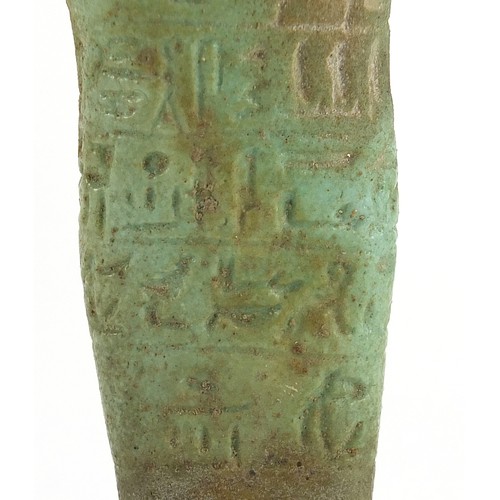 161 - Egyptian faience glazed stone ushabti with hieroglyphics, 18cm high