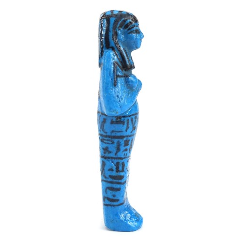 163 - Egyptian blue faience glazed stone ushabti hand painted with hieroglyphics, 12.5cm high