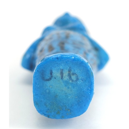 163 - Egyptian blue faience glazed stone ushabti hand painted with hieroglyphics, 12.5cm high