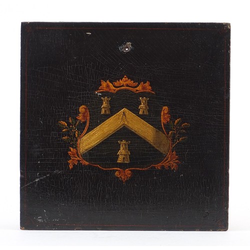 257 - Antique hand painted heraldic carriage panel, 20.5cm x 20.5cm