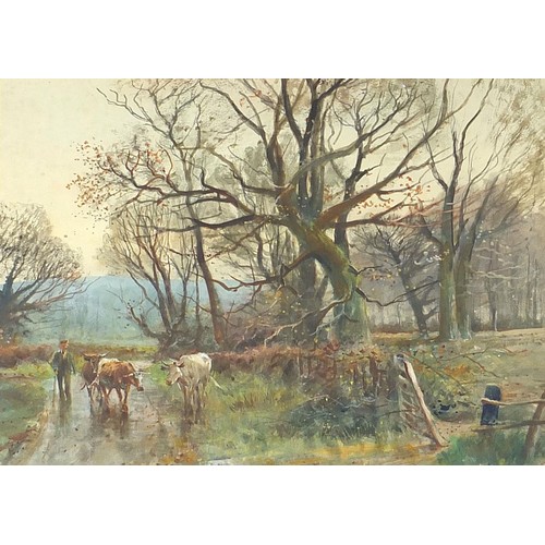 503 - Henry Charles Fox - Figure and cattle before woodland, late 19th/early 20th century watercolour, mou... 