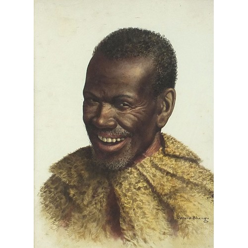 515 - Gerard Bhengu - Head and shoulders portrait of a gentleman wearing fur, South African watercolour, m... 