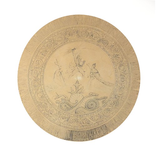 653 - Classical scene possibly depicting St George and the Dragon, antique circular ink drawing, mounted, ... 