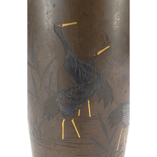 110 - Japanese bronze with mixed metal vase engraved with cranes, character marks to the reverse and to th... 