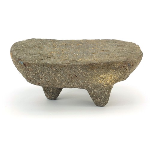 168 - Antique stone three footed headrest, possibly Egpytian or Chinese, 9cm H x 21.5cm W x 14cm D