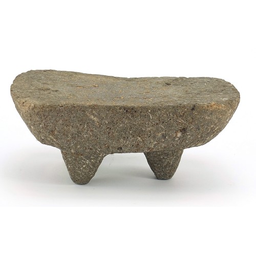168 - Antique stone three footed headrest, possibly Egpytian or Chinese, 9cm H x 21.5cm W x 14cm D
