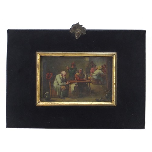 256 - Tavern scene, 19th century Dutch school oil, housed in an ebonised wood frame, 10cm x 6cm excluding ... 