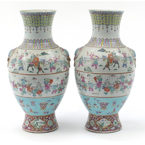 1 - Large pair of Chinese porcelain vases with animalia ring turned handles, each hand painted in the fa... 