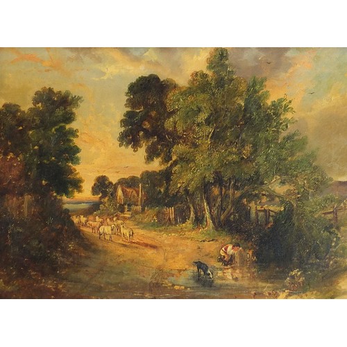 669 - Figure and sheep on a lane beside water, 19th century oil on canvas, mounted and framed, 34cm x 23.5... 