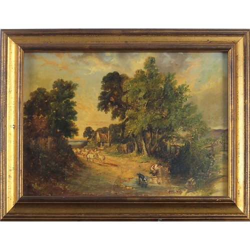 669 - Figure and sheep on a lane beside water, 19th century oil on canvas, mounted and framed, 34cm x 23.5... 