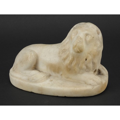 158 - Antique white marble carving of a lion, possibly Roman or Greek, 14.5cm wide