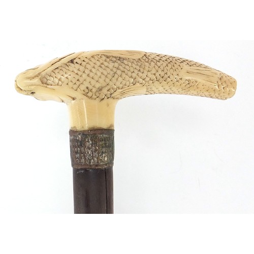 322 - Hardwood walking stick with carved ivory Koi carp handle, 88cm in length