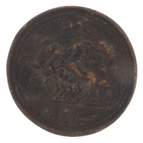 2512 - Large bronze Greek coin of horses pulling a chariot, 42mm in diameter