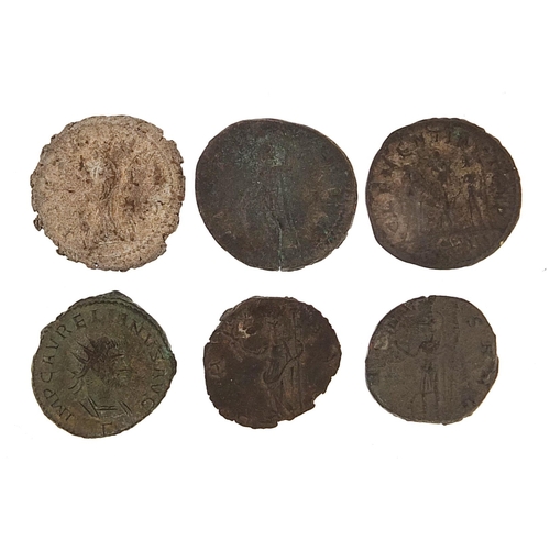 2521 - Six bronze Roman coins, 19.4g, the largest 2.2cm in diameter