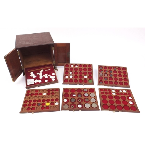 2522A - Victorian mahogany coin collectors cabinet with a selection of coins to include a 1935 silver rockin... 