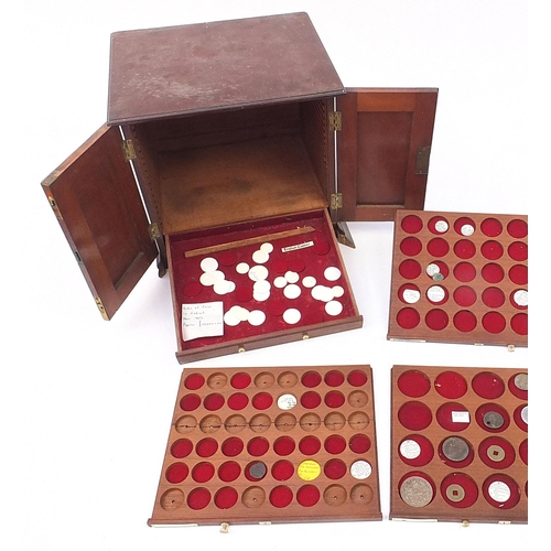 2522A - Victorian mahogany coin collectors cabinet with a selection of coins to include a 1935 silver rockin... 