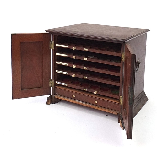 2522A - Victorian mahogany coin collectors cabinet with a selection of coins to include a 1935 silver rockin... 