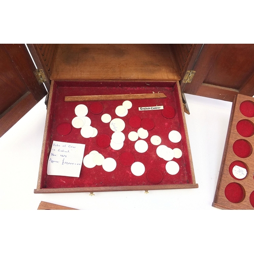 2522A - Victorian mahogany coin collectors cabinet with a selection of coins to include a 1935 silver rockin... 