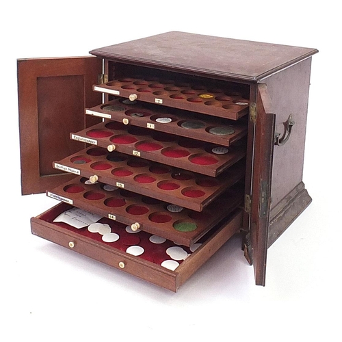 2522A - Victorian mahogany coin collectors cabinet with a selection of coins to include a 1935 silver rockin... 