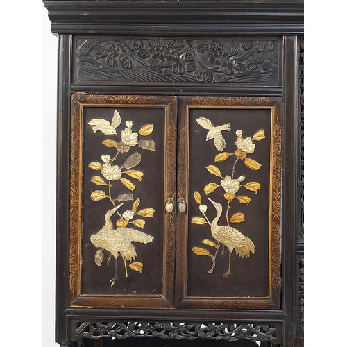 83 - Japanese carved hardwood Shibayama cabinet inlaid with birds amongst flowers and figures, 188cm H x ... 