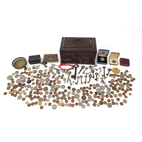 307A - Georgian mahogany tea caddy and objects including Gucci key purse, 1986 silver two pound coin, Radul... 