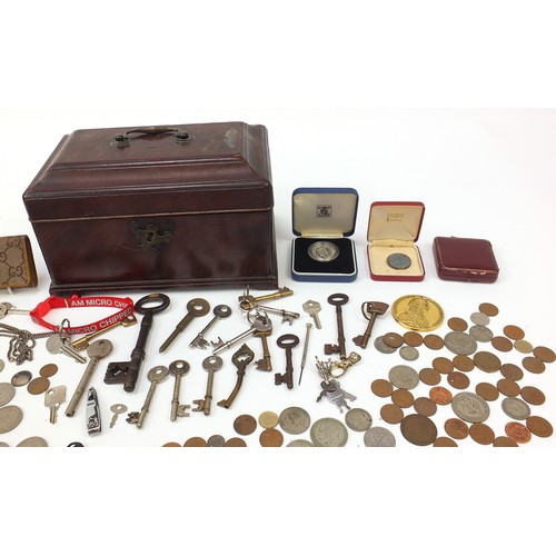 307A - Georgian mahogany tea caddy and objects including Gucci key purse, 1986 silver two pound coin, Radul... 