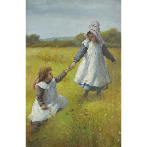 339 - Two young girls wearing early 20th century dress in a field, indistinctly signed, oil on canvas, unf... 