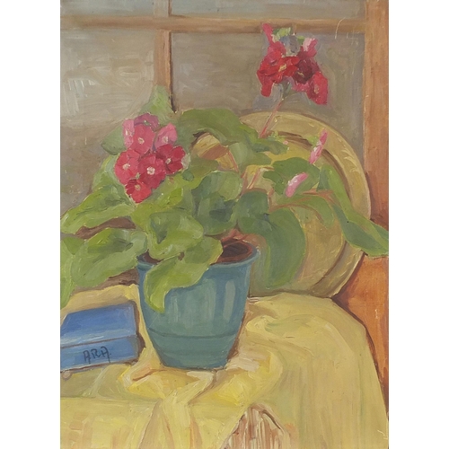 117A - Still life flowers in a bowl, oil on canvas, bearing a monogram AKA, mounted and framed, 59.5cm x 44... 