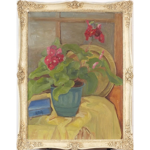 117A - Still life flowers in a bowl, oil on canvas, bearing a monogram AKA, mounted and framed, 59.5cm x 44... 