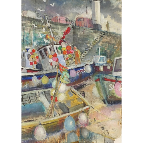 215 - Geoffrey Underwood - St Ives harbour scene with moored fishing boats, oil on board, mounted and fram... 