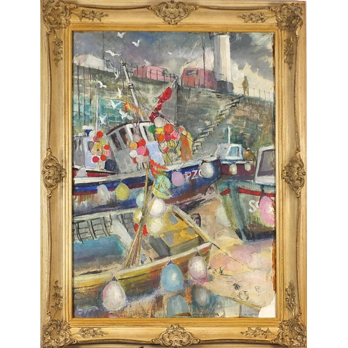 215 - Geoffrey Underwood - St Ives harbour scene with moored fishing boats, oil on board, mounted and fram... 