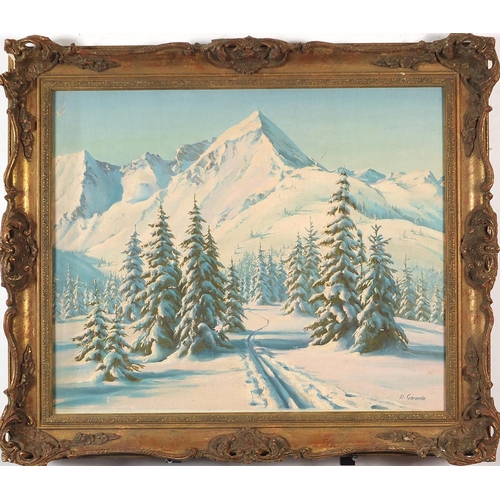 311 - Mountainous winter landscape, oil on canvas, bearing a signature R Gerarde, various labels verso, mo... 