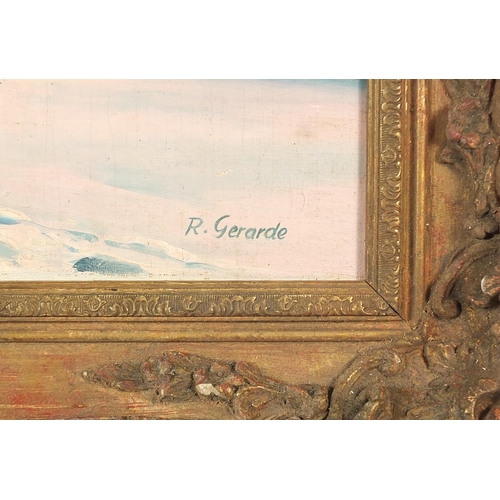 311 - Mountainous winter landscape, oil on canvas, bearing a signature R Gerarde, various labels verso, mo... 