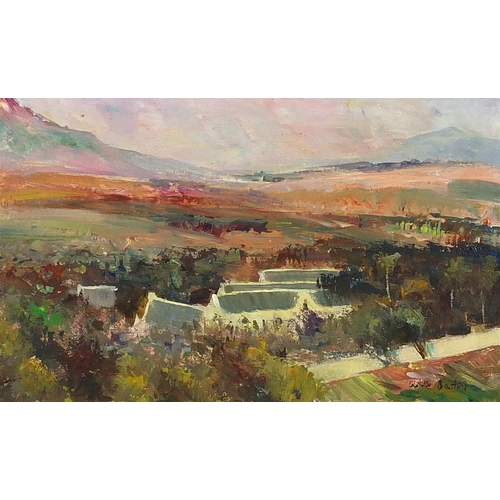 357 - Panoramic landscape, oil on board, bearing an indistinct signature, mounted and framed, 33.5cm x 20.... 