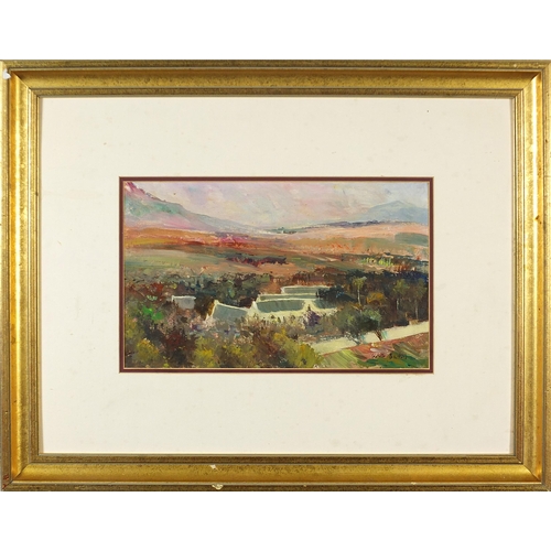 357 - Panoramic landscape, oil on board, bearing an indistinct signature, mounted and framed, 33.5cm x 20.... 