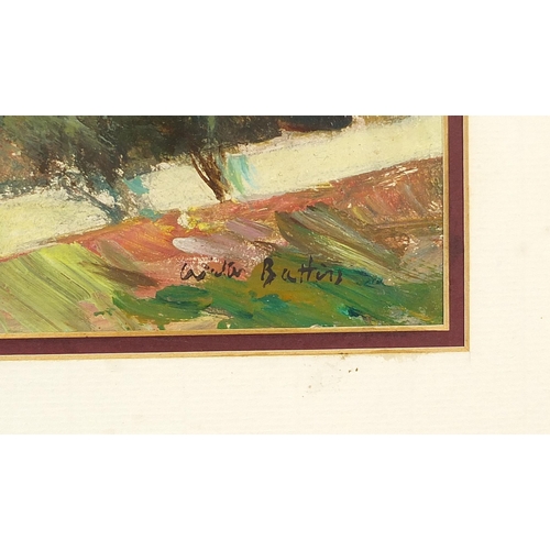 357 - Panoramic landscape, oil on board, bearing an indistinct signature, mounted and framed, 33.5cm x 20.... 