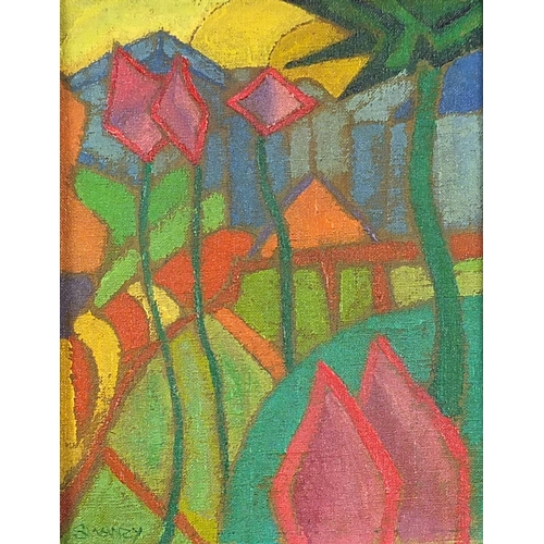 355 - Manner of Mary Swanzy - Abstract composition, Kites,  oil on board, bearing a plaque to the mount, m... 