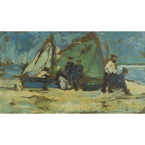 262 - Fishermen resting beside boats, oil on canvas bearing an indistinct monogram, possibly EB, mounted a... 