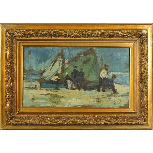 262 - Fishermen resting beside boats, oil on canvas bearing an indistinct monogram, possibly EB, mounted a... 